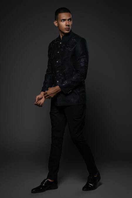 Buy_Rohit Bal_Black Muslin, Silk Embroidery Floral Resham Bandhgala _Online_at_Aza_Fashions