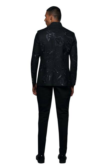 Rohit Bal_Black Muslin, Silk Embroidery Floral Resham Bandhgala _at_Aza_Fashions