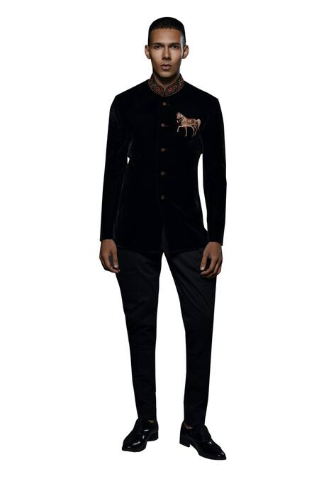 Rohit Bal Black Velvet, Silk Embroidery Horse Bandhgala Online at Aza Fashions Rohit Bal_Black Velvet, Silk Embroidery Horse Bandhgala _Online_at_Aza_Fashions