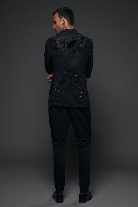 Shop Rohit Bal Black Net Sequins, Applique, Beads Forest Embroidered Open Shirt at Aza Fashions Shop_Rohit Bal_Black Net Sequins, Applique, Beads Forest Embroidered Open Shirt _at_Aza_Fashions
