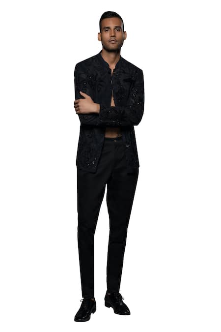 Rohit Bal Black Net Sequins, Applique, Beads Forest Embroidered Open Shirt Online at Aza Fashions Rohit Bal_Black Net Sequins, Applique, Beads Forest Embroidered Open Shirt _Online_at_Aza_Fashions