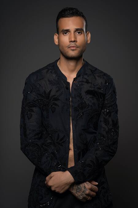 Buy Rohit Bal Black Net Sequins, Applique, Beads Forest Embroidered Open Shirt Online at Aza Fashions Buy_Rohit Bal_Black Net Sequins, Applique, Beads Forest Embroidered Open Shirt _Online_at_Aza_Fashions