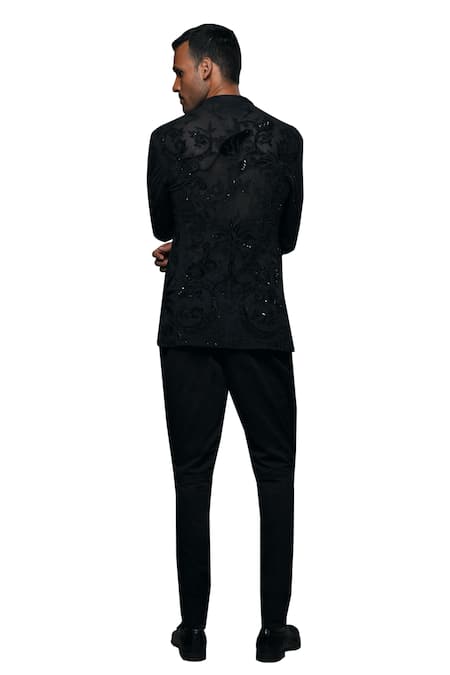 Shop Rohit Bal Black Net Sequins, Applique, Beads Forest Embroidered Open Shirt Online at Aza Fashions Shop_Rohit Bal_Black Net Sequins, Applique, Beads Forest Embroidered Open Shirt _Online_at_Aza_Fashions