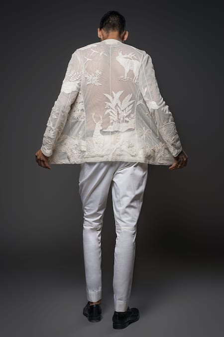 Shop Rohit Bal White Net Sequins, Applique, Beads Embroidered Forest Open Shirt at Aza Fashions Shop_Rohit Bal_White Net Sequins, Applique, Beads Embroidered Forest Open Shirt _at_Aza_Fashions