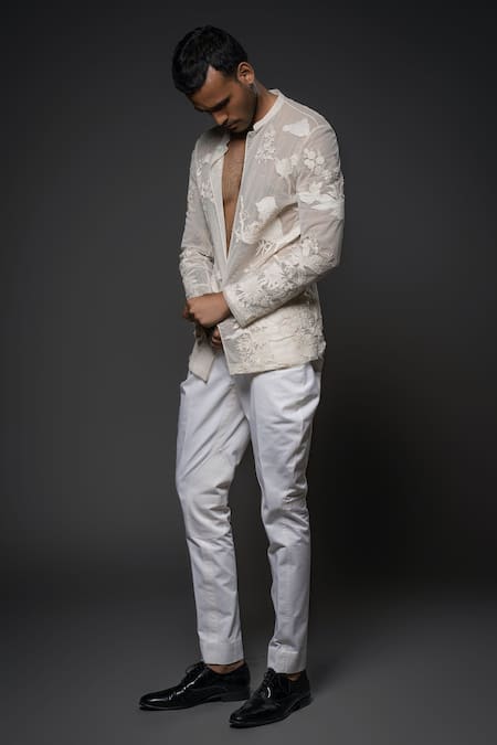 Rohit Bal White Net Sequins, Applique, Beads Embroidered Forest Open Shirt Online at Aza Fashions Rohit Bal_White Net Sequins, Applique, Beads Embroidered Forest Open Shirt _Online_at_Aza_Fashions