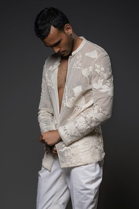 Buy Rohit Bal White Net Sequins, Applique, Beads Embroidered Forest Open Shirt Online at Aza Fashions Buy_Rohit Bal_White Net Sequins, Applique, Beads Embroidered Forest Open Shirt _Online_at_Aza_Fashions
