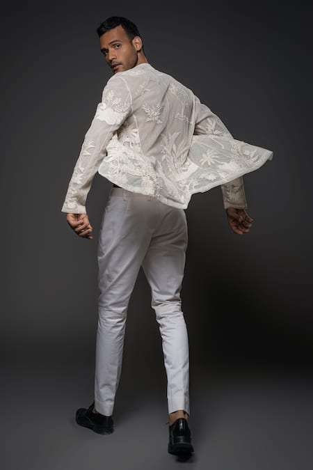 Shop Rohit Bal White Net Sequins, Applique, Beads Embroidered Forest Open Shirt Online at Aza Fashions Shop_Rohit Bal_White Net Sequins, Applique, Beads Embroidered Forest Open Shirt _Online_at_Aza_Fashions