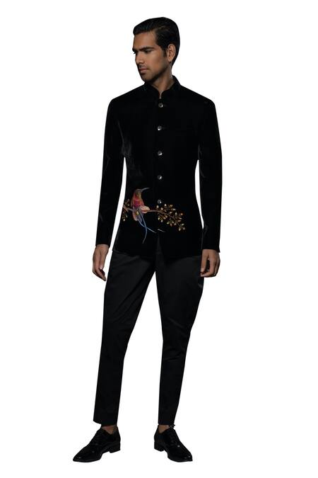 Rohit Bal_Black Velvet, Silk Embroidery Bird Bandhgala _Online_at_Aza_Fashions