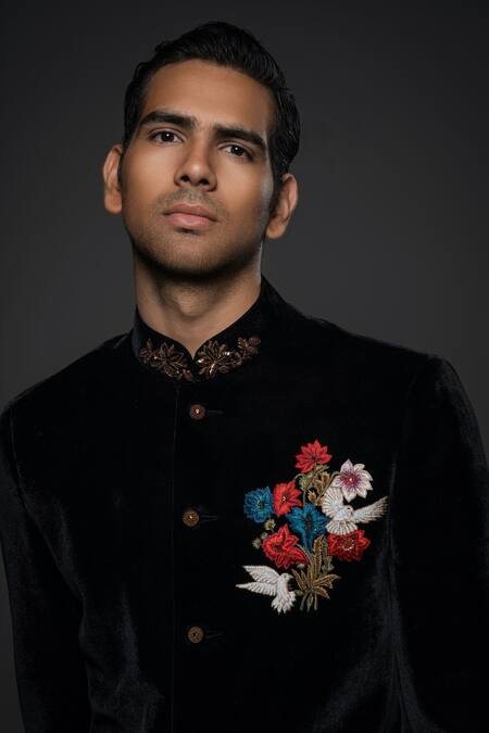 Buy_Rohit Bal_Black Velvet, Silk Embroidery, Beads Floral Bandhgala _Online_at_Aza_Fashions