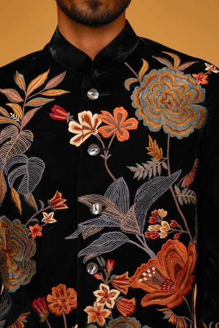 Rohit Bal_Black Silk, Velvet Embroidery Floral Bandhgala _Online_at_Aza_Fashions