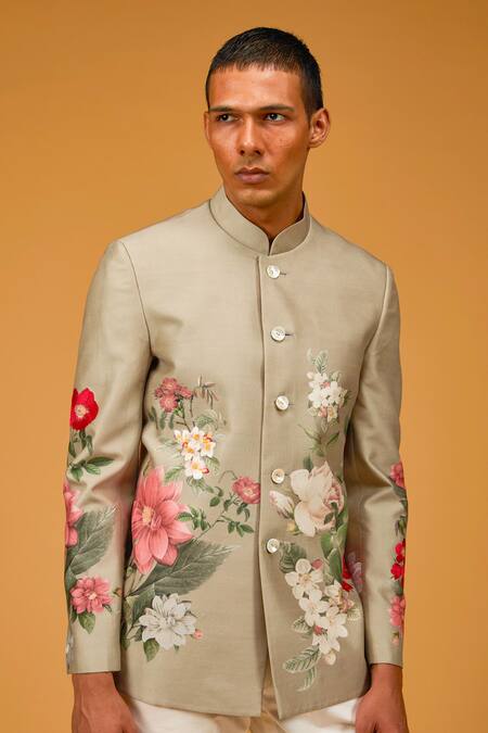 Rohit Bal_Cream Chanderi , Embroidery Floral Bouquet Print Bandhgala _Online_at_Aza_Fashions