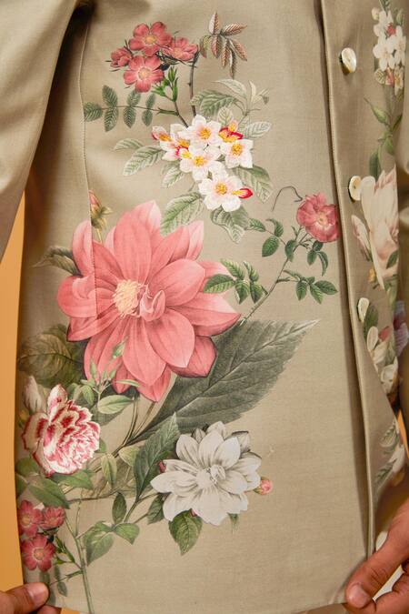 Buy_Rohit Bal_Cream Chanderi , Embroidery Floral Bouquet Print Bandhgala _Online_at_Aza_Fashions