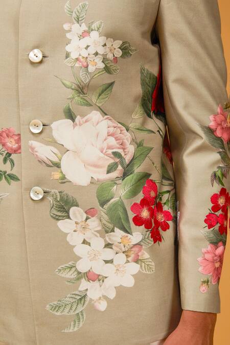 Shop_Rohit Bal_Cream Chanderi , Embroidery Floral Bouquet Print Bandhgala _Online_at_Aza_Fashions