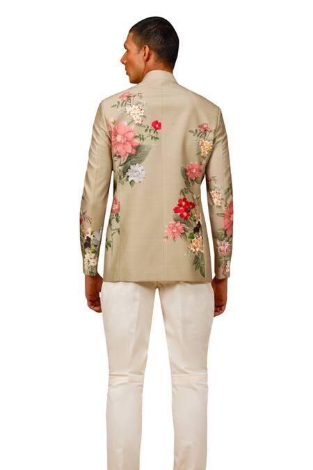 Rohit Bal_Cream Chanderi , Embroidery Floral Bouquet Print Bandhgala _at_Aza_Fashions