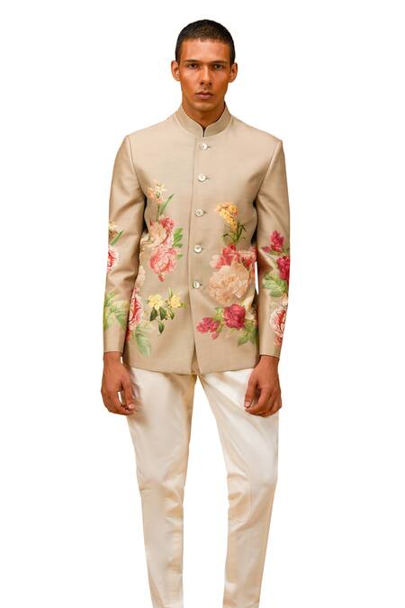 Shop_Rohit Bal_Cream Chanderi , Embroidery Floral Bouquet Print Bandhgala 