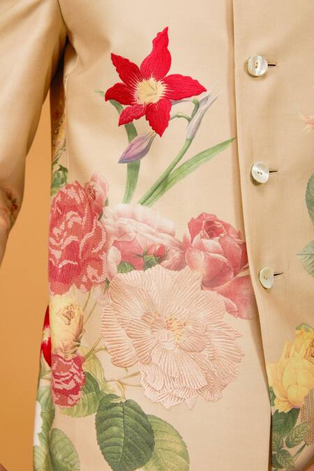 Rohit Bal Beige Chanderi , Embroidery Bouquet Print Bandhgala Online at Aza Fashions Rohit Bal_Beige Chanderi , Embroidery Bouquet Print Bandhgala _Online_at_Aza_Fashions