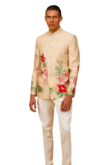 Shop Rohit Bal Beige Chanderi , Embroidery Bouquet Print Bandhgala Online at Aza Fashions Shop_Rohit Bal_Beige Chanderi , Embroidery Bouquet Print Bandhgala _Online_at_Aza_Fashions
