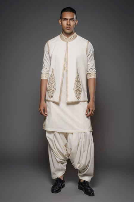 Rohit Bal_Ivory Silk, Linen, Floral Mughal Threadwork Bundi Kurta Set _Online_at_Aza_Fashions