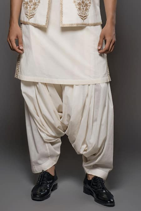 Buy_Rohit Bal_Ivory Silk, Linen, Floral Mughal Threadwork Bundi Kurta Set _Online_at_Aza_Fashions