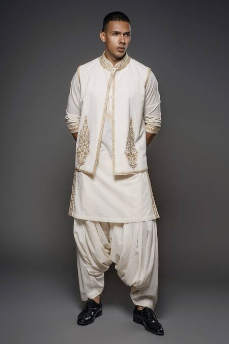 Shop_Rohit Bal_Ivory Silk, Linen, Floral Mughal Threadwork Bundi Kurta Set _Online_at_Aza_Fashions