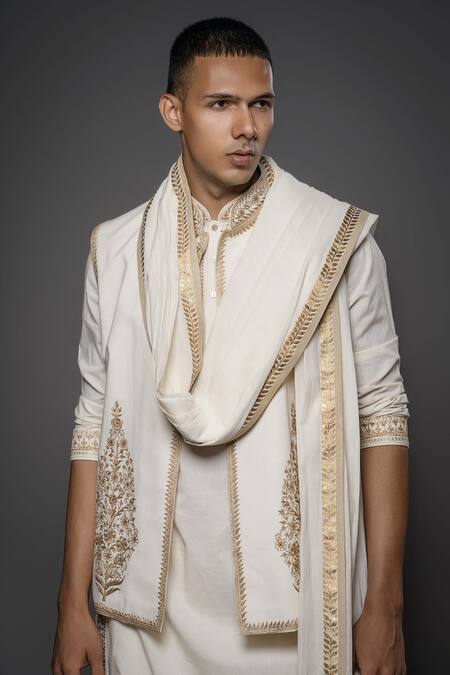 Rohit Bal_Ivory Silk, Linen, Floral Mughal Threadwork Bundi Kurta Set _at_Aza_Fashions