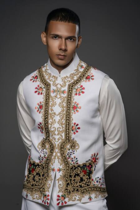 Rohit Bal Ivory Silk Patchwork Dori Embroidered Bundi Online at Aza Fashions Rohit Bal_Ivory Silk Patchwork Dori Embroidered Bundi _Online_at_Aza_Fashions