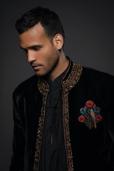 Buy Rohit Bal Black Velvet, Silk Zari, Beads, Embroidery Zardozi Border Jacket Online at Aza Fashions Buy_Rohit Bal_Black Velvet, Silk Zari, Beads, Embroidery Zardozi Border Jacket _Online_at_Aza_Fashions