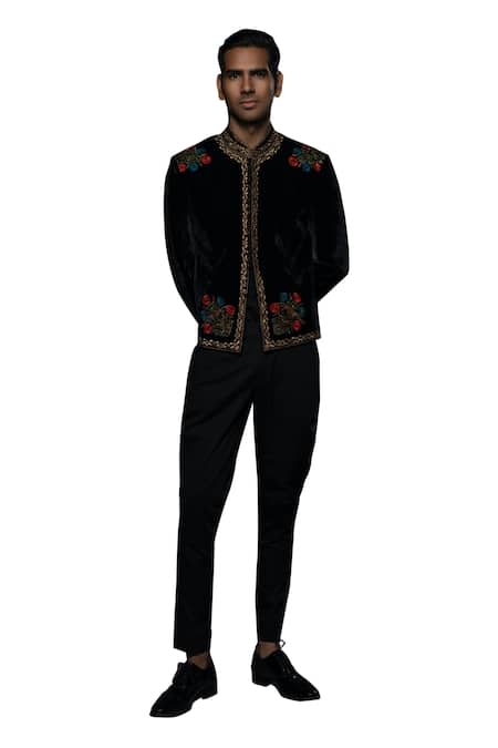 Rohit Bal Black Velvet, Silk Zari, Beads Zardozi Vine Embroidered Jacket Online at Aza Fashions Rohit Bal_Black Velvet, Silk Zari, Beads Zardozi Vine Embroidered Jacket _Online_at_Aza_Fashions