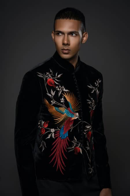Rohit Bal Black Velvet, Silk Embroidery Parrot Bandhgala Online at Aza Fashions Rohit Bal_Black Velvet, Silk Embroidery Parrot Bandhgala _Online_at_Aza_Fashions