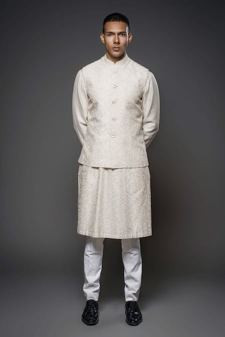 Rohit Bal Tonal Resham Embroidered Swirl Bundi Kurta Set 