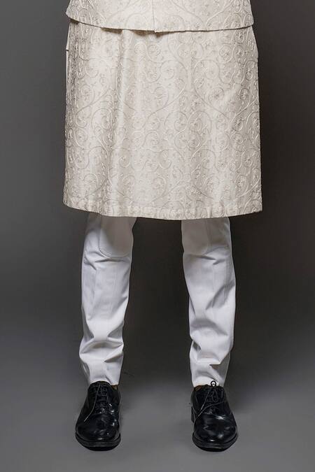 Rohit Bal_Ivory Silk, Pearls, Embroidery Resham Bundi Kurta Set _Online_at_Aza_Fashions