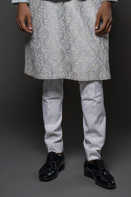 Rohit Bal_Blue Chanderi Silk, Linen, Cotton Pearls, Embroidery Resham Bundi Kurta Set _Online_at_Aza_Fashions
