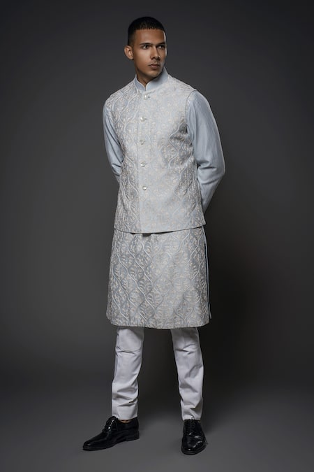 Buy_Rohit Bal_Blue Chanderi Silk, Linen, Cotton Pearls, Embroidery Resham Bundi Kurta Set _Online_at_Aza_Fashions