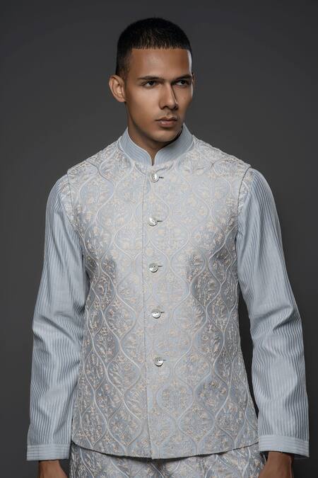Shop_Rohit Bal_Blue Chanderi Silk, Linen, Cotton Pearls, Embroidery Resham Bundi Kurta Set _Online_at_Aza_Fashions
