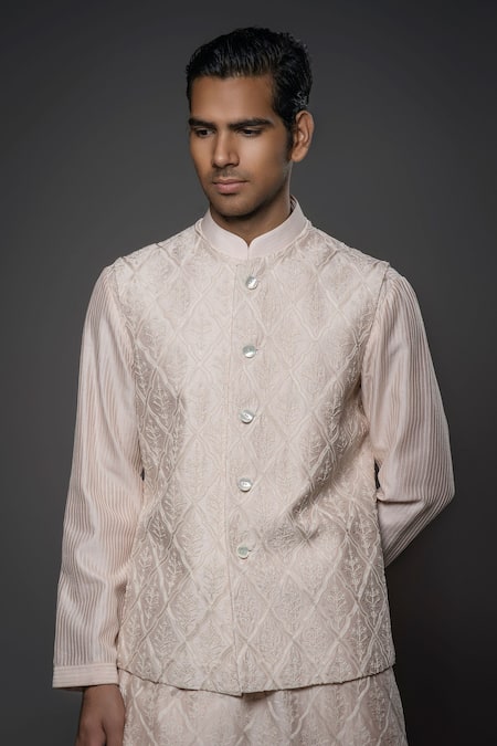 Buy_Rohit Bal_Pink Chanderi Silk Pearls, Embroidery, Beads Resham Bundi Kurta Set _Online_at_Aza_Fashions