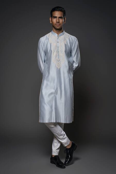 Rohit Bal_Blue Silk, Linen, Embroidery Resham Kurta Pant Set _Online_at_Aza_Fashions