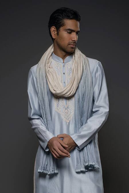 Buy_Rohit Bal_Blue Silk, Linen, Embroidery Resham Kurta Pant Set _Online_at_Aza_Fashions