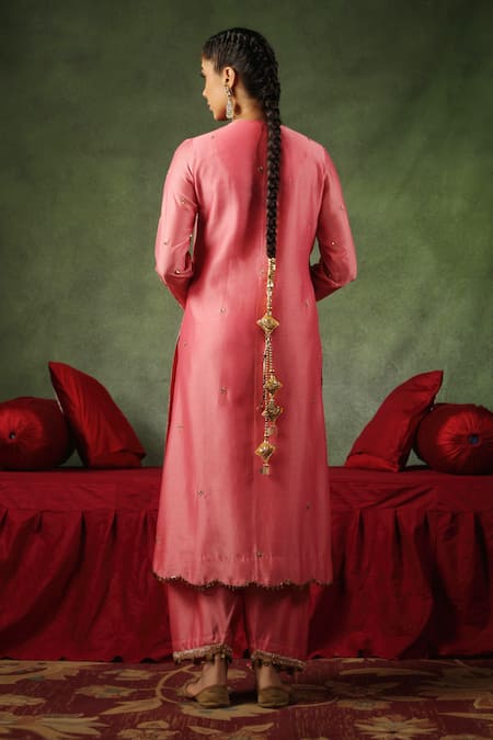 Shop_Label Niti Bothra_Pink Chanderi Silk Embroidery, Sequins, Ambi Buta Zardozi Kurta And Pant Set _at_Aza_Fashions