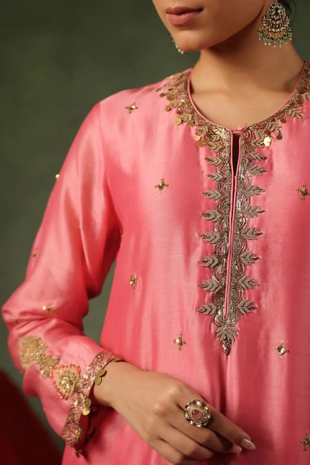 Shop_Label Niti Bothra_Pink Chanderi Silk Embroidery, Sequins, Ambi Buta Zardozi Kurta And Pant Set _Online_at_Aza_Fashions