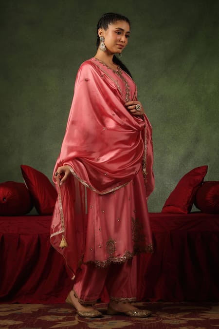 Label Niti Bothra_Pink Chanderi Silk Embroidery, Sequins, Ambi Buta Zardozi Kurta And Pant Set _at_Aza_Fashions
