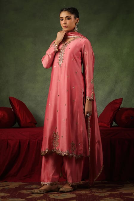 Shop_Label Niti Bothra_Pink Chanderi Silk Embroidery, Sequins, Ambi Buta Zardozi Kurta And Pant Set 