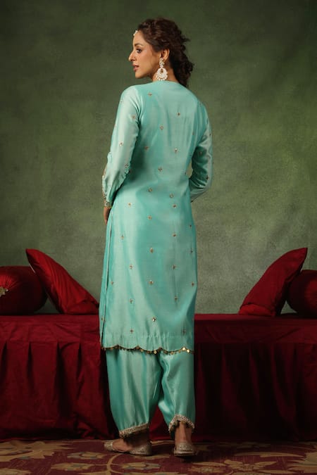 Shop_Label Niti Bothra_Blue Chanderi Silk Zari, Sequins, Embroidery Ambi Buta Zardozi Kurta And Pant Set _at_Aza_Fashions