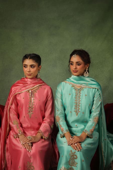 Label Niti Bothra_Blue Chanderi Silk Zari, Sequins, Embroidery Ambi Buta Zardozi Kurta And Pant Set _Online_at_Aza_Fashions