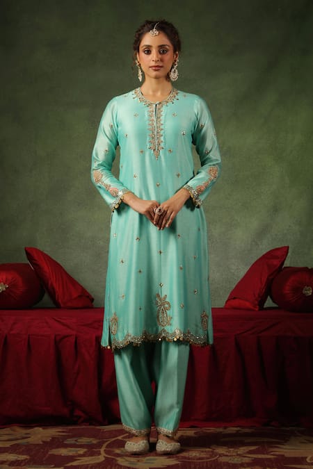 Shop_Label Niti Bothra_Blue Chanderi Silk Zari, Sequins, Embroidery Ambi Buta Zardozi Kurta And Pant Set _Online_at_Aza_Fashions
