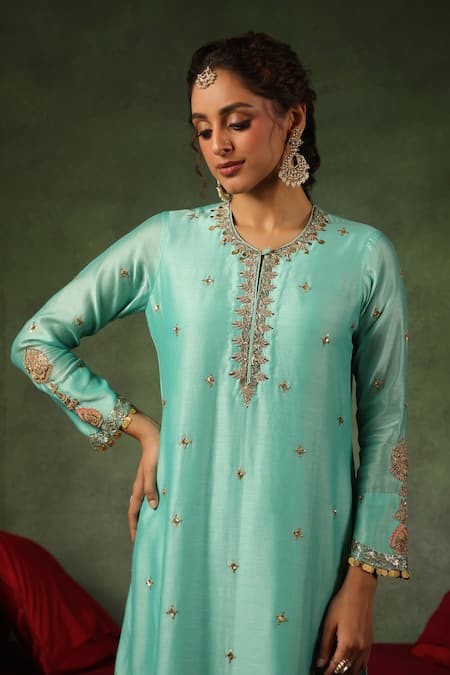 Shop_Label Niti Bothra_Blue Chanderi Silk Zari, Sequins, Embroidery Ambi Buta Zardozi Kurta And Pant Set 