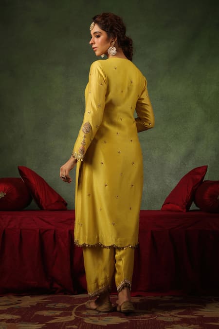 Shop_Label Niti Bothra_Yellow Chanderi Silk Zari, Sequins, Ambi Buta Paisley Kurta And Pant Set _at_Aza_Fashions