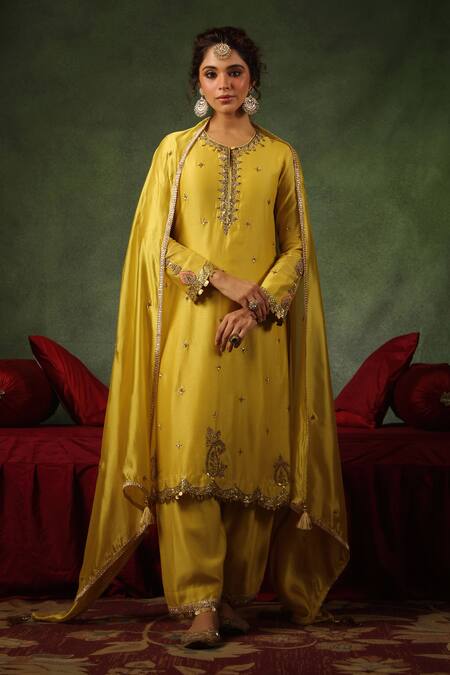 Shop_Label Niti Bothra_Yellow Chanderi Silk Zari, Sequins, Ambi Buta Paisley Kurta And Pant Set 
