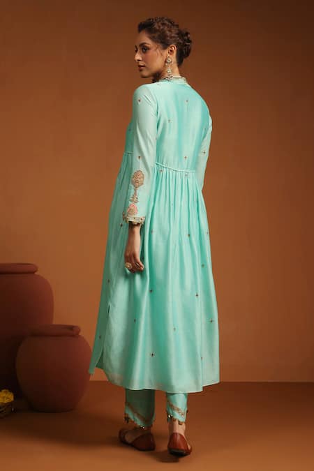 Shop_Label Niti Bothra_Blue Chanderi Silk Embroidery, Sequins Chunnat Zardozi Work Anarkali And Pant Set _at_Aza_Fashions