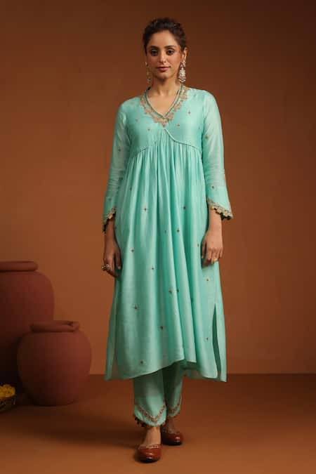 Label Niti Bothra_Blue Chanderi Silk Embroidery, Sequins Chunnat Zardozi Work Anarkali And Pant Set _Online_at_Aza_Fashions