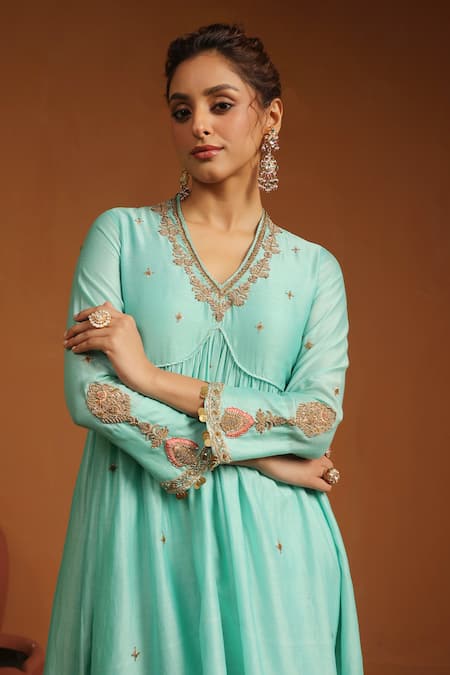 Buy_Label Niti Bothra_Blue Chanderi Silk Embroidery, Sequins Chunnat Zardozi Work Anarkali And Pant Set _Online_at_Aza_Fashions